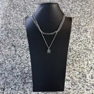 Silver Chrome Steel Y2k Spider Cuban 2-1 Pendant Necklace Brand New